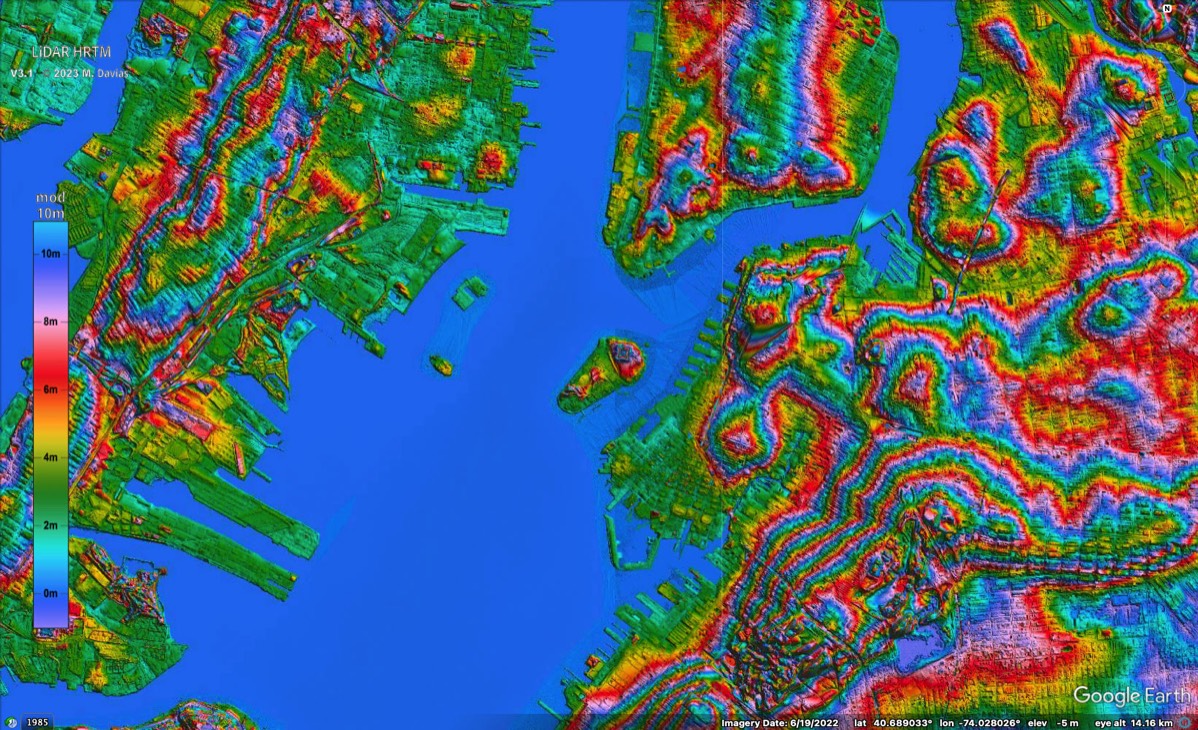 Michael Davias’s color-shaded elevation atlas showing New York Harbor, surrounding shorelines and urban terrain